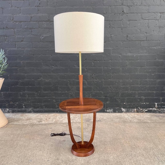 Mid-century Modern Walnut & Brass Floor Lamp With Side Table Mid-century Modern Walnut & Brass Floor Lamp With Side Table