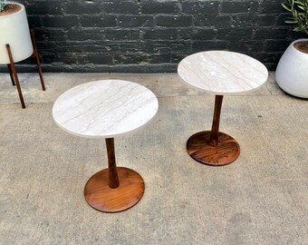 Mid-Century Modern Custom Marble Top & Walnut Side Tables