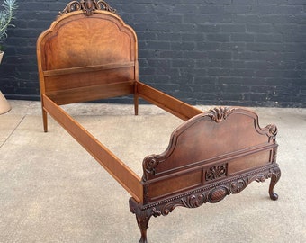 Antique French Louis XVI Hand Carved Wood Twin Size Bed Frame, 1940’s