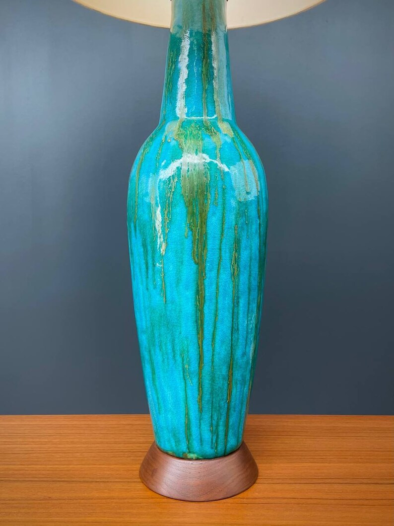 Mid-Century Modern Blue Glazed Ceramic Table Lamp, c.1960s image 8