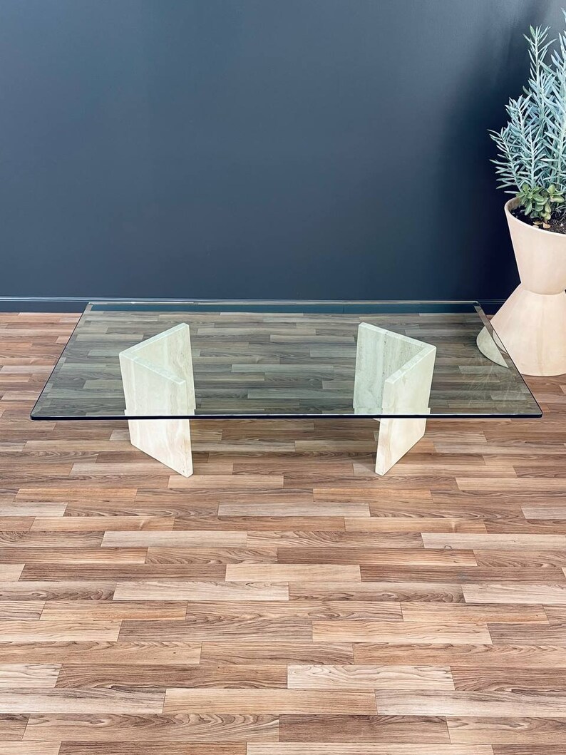 Mid-Century Modern Travertine Stone & Glass Coffee Table, c.1970s image 3