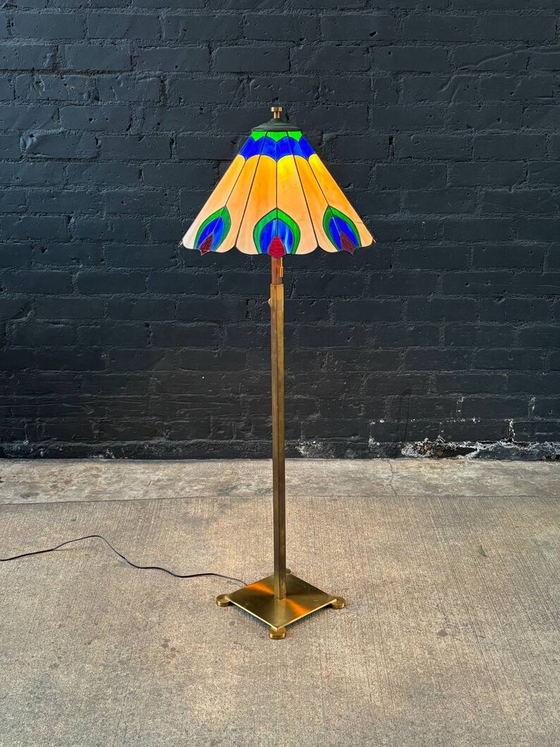 Antique Art Deco Style Floor Lamp with Tiffany Style Shade, c.1970s image 1