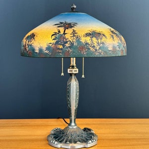 Arts & Crafts Pittsburgh Reverse Painted Farmhouse Table Lamp, c.1930s image 1