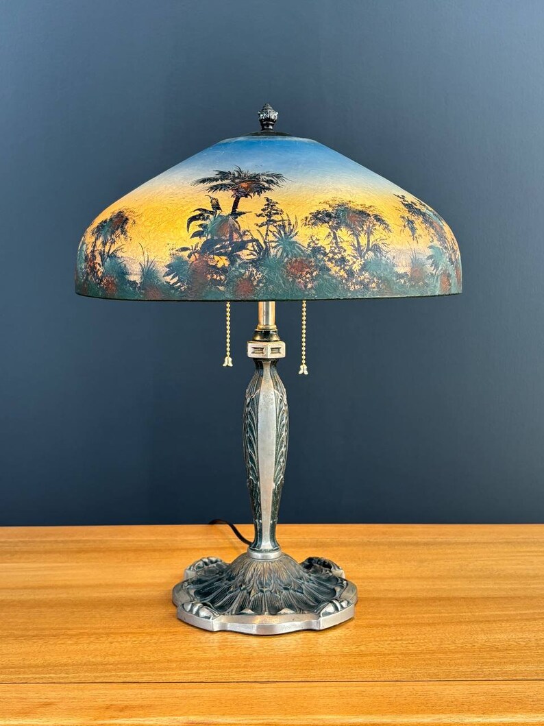 Arts & Crafts Pittsburgh Reverse Painted Farmhouse Table Lamp, c.1930s image 1