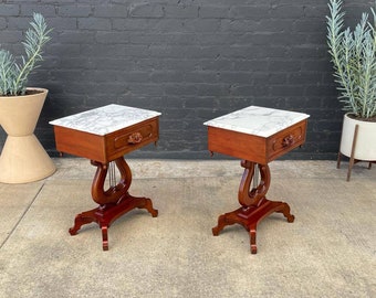 Pair of Vintage Victorian Style Mahogany End Tables with Carrara Marble Tops, c.1960’s