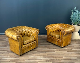 Pair of Vintage English Chesterfield Style Tufted Leather Club Chairs , c.1950’s