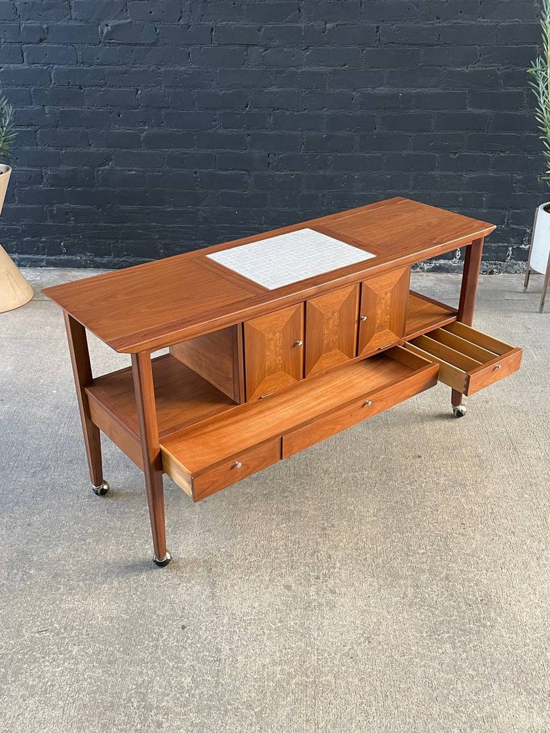 Mid-Century Modern Tile Fliptop Insert Drop Front Credenza Console Table, c.1960s image 1