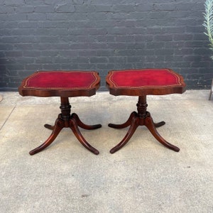 Pair of American Antique Mahogany Side Tables with Gilt-Tooled Burgundy Red Leather Top, c.1950s image 3