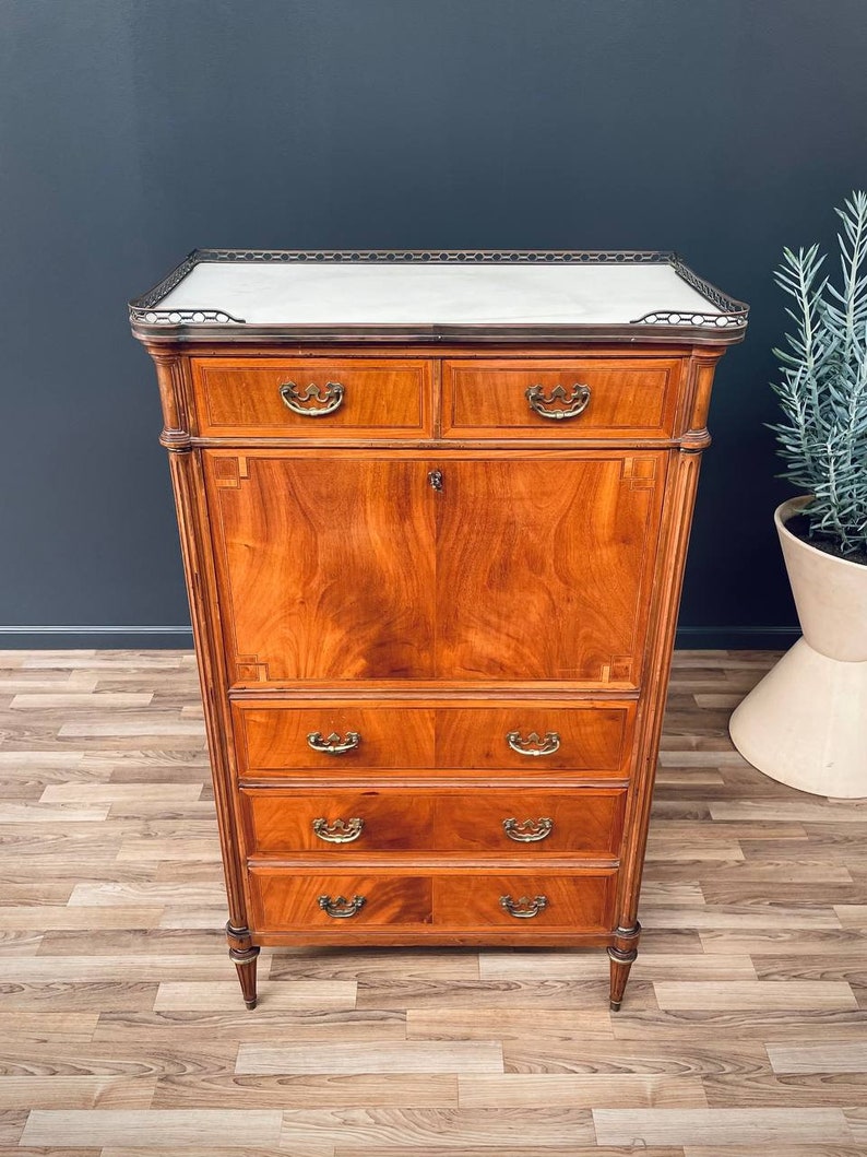 French Louis XVI-Style Secretary Desk with Marble Top, c.1930s image 6