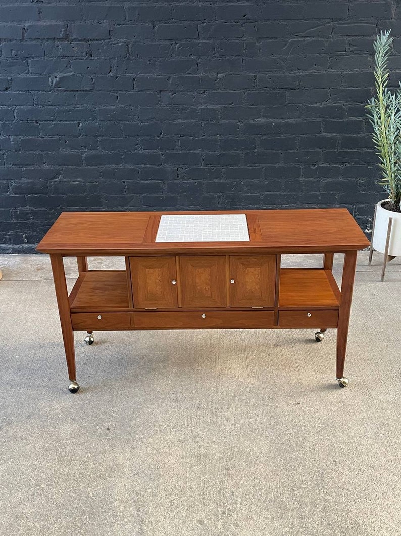 Mid-Century Modern Tile Fliptop Insert Drop Front Credenza Console Table, c.1960s image 3