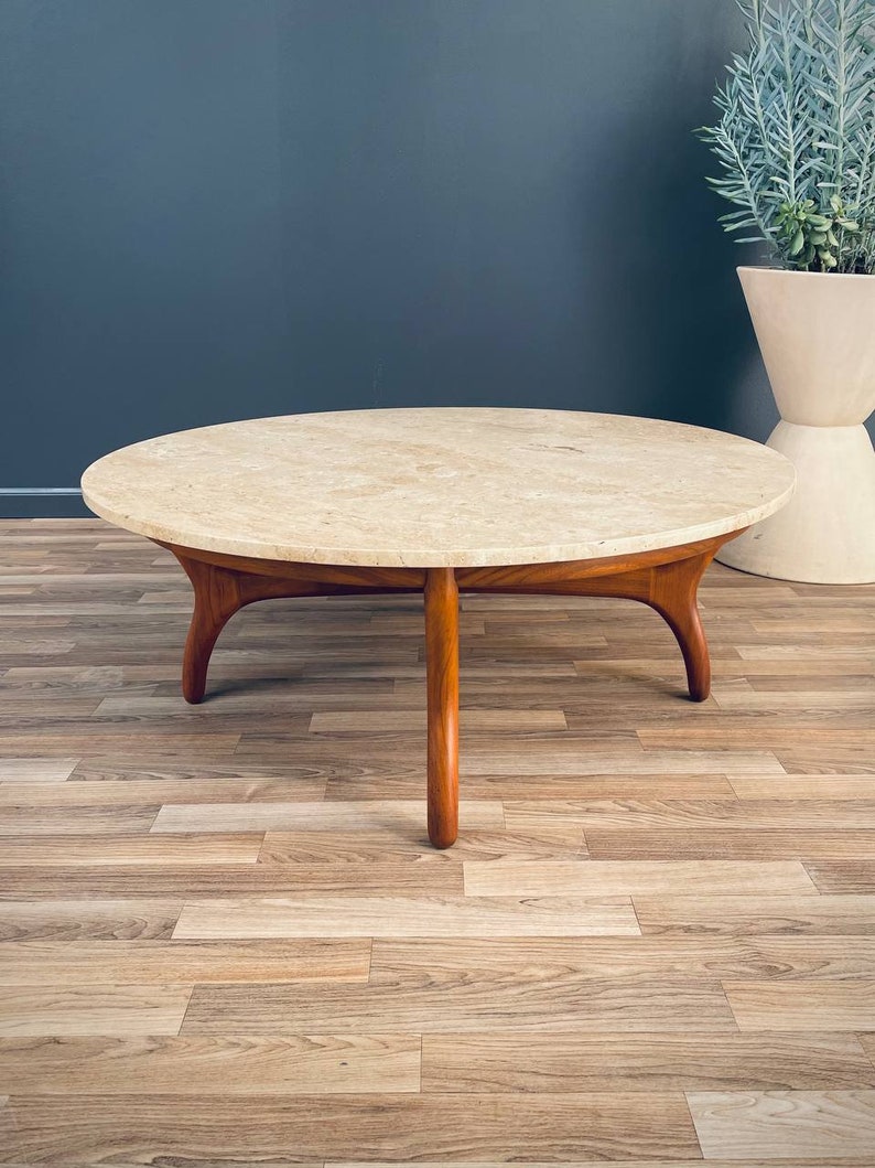 Mid-Century Modern Travertine & Walnut Coffee Table by Henredon Heritage, c.1960s image 3