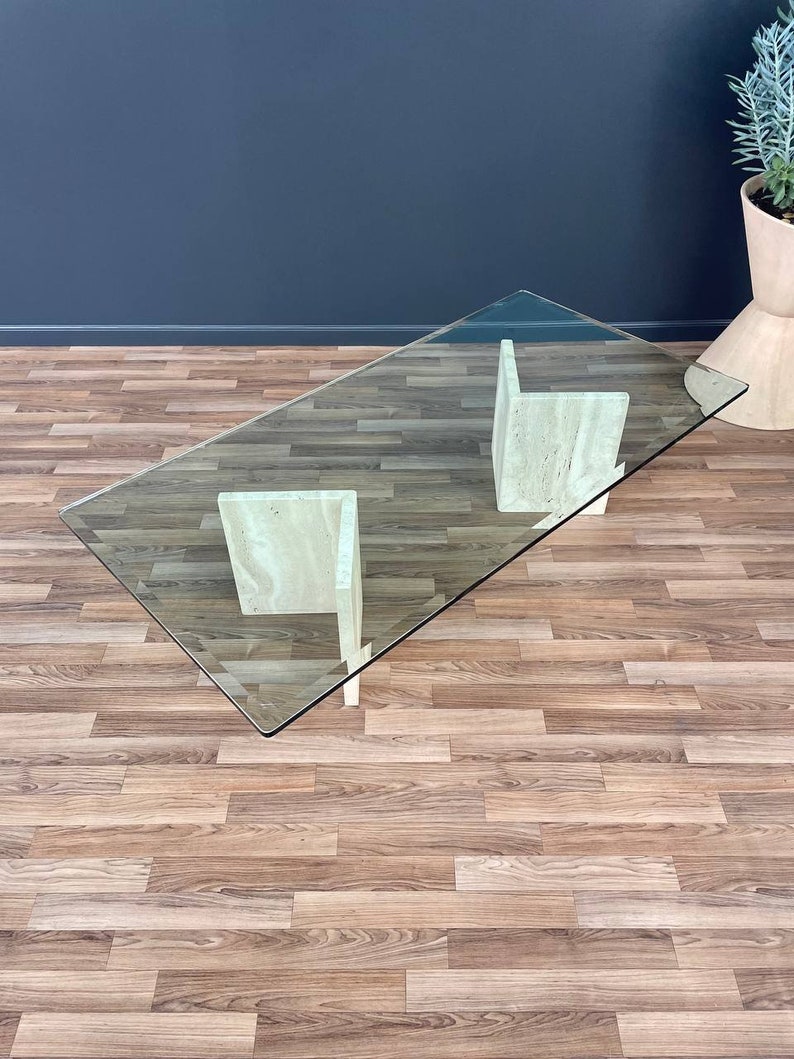 Mid-Century Modern Travertine Stone & Glass Coffee Table, c.1970s image 4