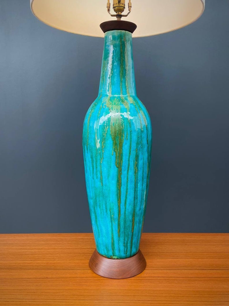 Mid-Century Modern Blue Glazed Ceramic Table Lamp, c.1960s image 7