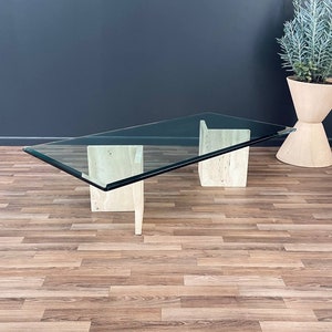 Mid-Century Modern Travertine Stone & Glass Coffee Table, c.1970s image 1