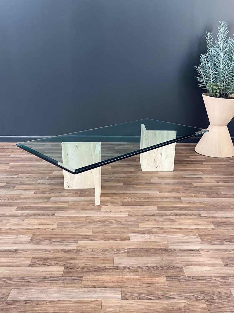 Mid-Century Modern Travertine Stone & Glass Coffee Table, c.1970s image 1