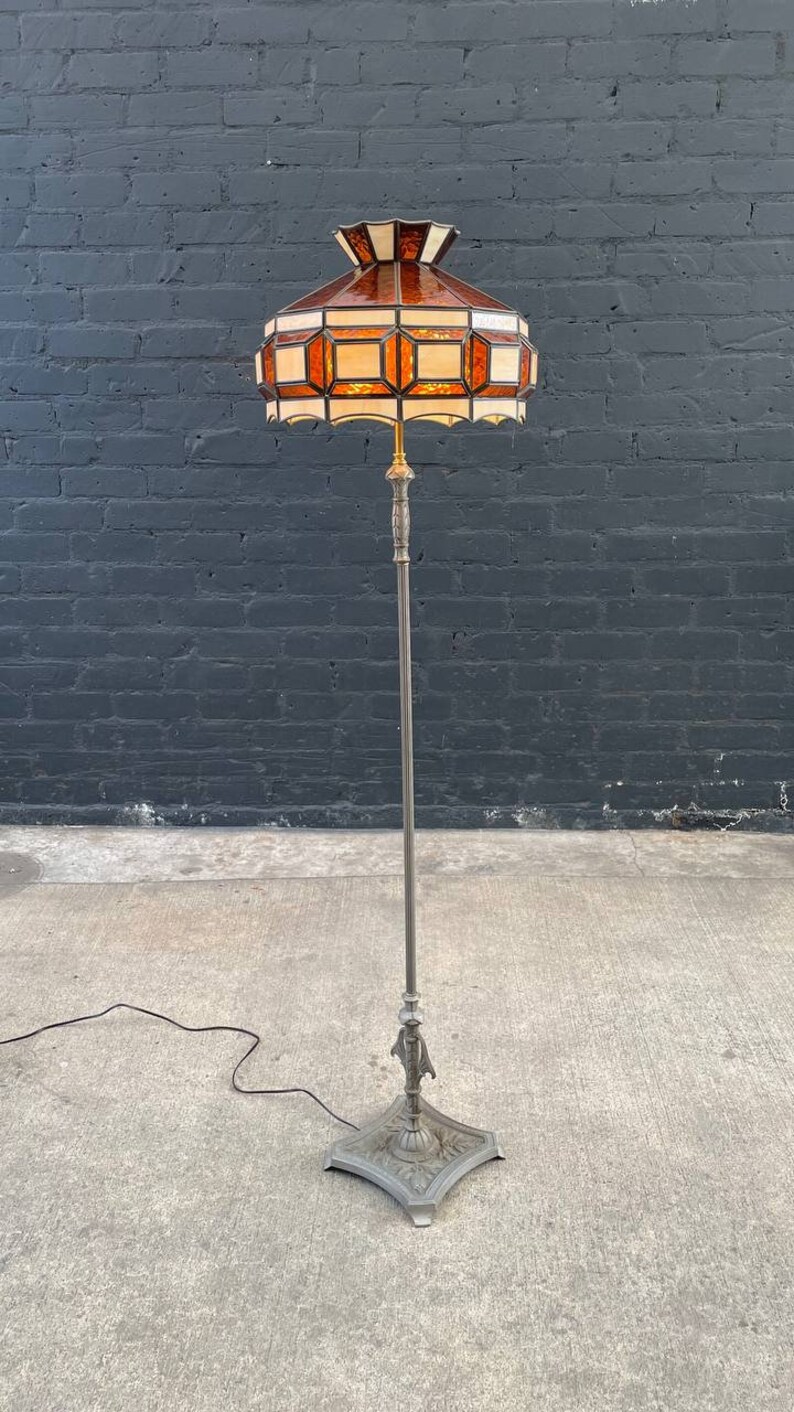 Antique Art Deco Style Floor Lamp with Tiffany Style Shade, c.1940s image 1