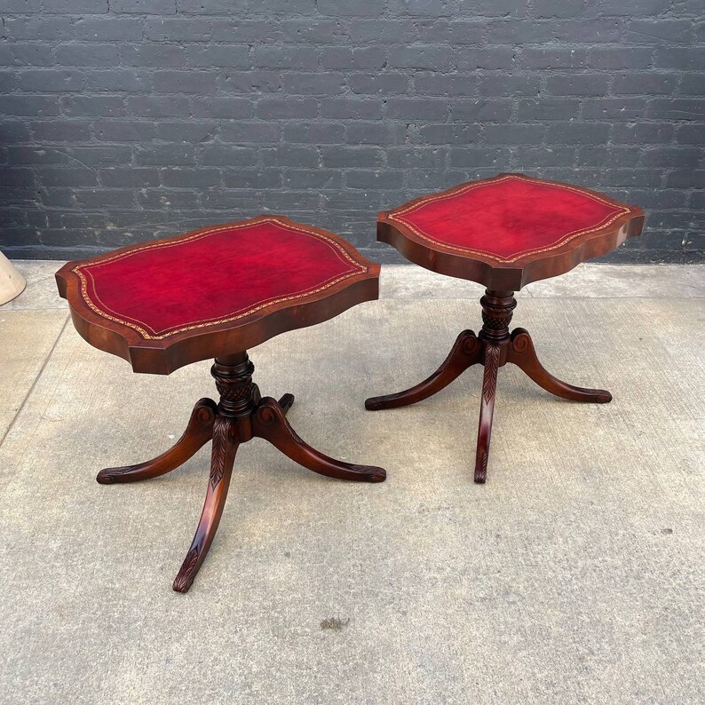 Pair of American Antique Mahogany Side Tables with Gilt-Tooled Burgundy Red Leather Top, c.1950s image 1
