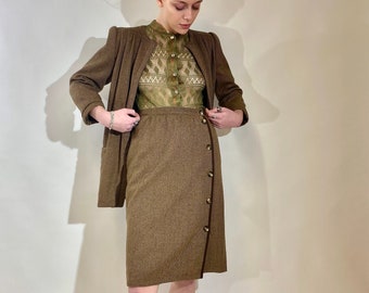 Vintage Valentino (Miss V) Skirt Suit! Beautiful Wool Cashmere in Brown Herringbone Pattern!
