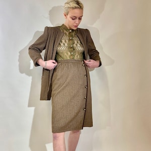 Vintage Valentino (Miss V) Skirt Suit! Beautiful Wool Cashmere in Brown Herringbone Pattern!