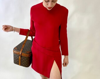 Vintage 80s, Long Sleeve, Mini Dress with High Slit and Criss Crossed Attached Belt.