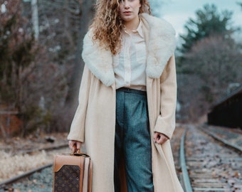 Vintage 1970s, Cream Swing Coat with Ivory Fur Collar!