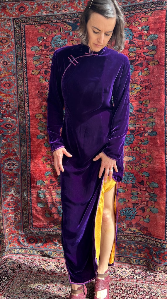 Velvet Shanghai Tang Maxi Dress In Deep Purple! - image 9
