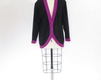 Vintage 80s, Lanvin Wool Cardigan Sweatshirt! Magenta and Black Beautiful Details!