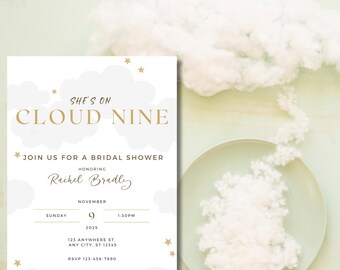 She's On Cloud 9 vrijgezellenfeestuitnodiging. De bruid bevindt zich op wolk negen. Bewerkbare uitnodigingssjabloon. Directe digitale download. Afdrukbaar.
