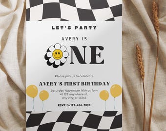 May include: A white and black chequered birthday party invitation with a yellow flower with a smiley face and the text "Avery is One". The invitation also includes the text "Let's Party", "Avery's First Birthday", "Saturday November 16th at 1pm", "At 123 anywhere st., any city, st 12345", and "RSVP to 123-456-7890".