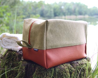 Grand sac à cosmétiques olive trousse de toilette marron sac grand dopp kit vegan végétalien sac voyage en cuir