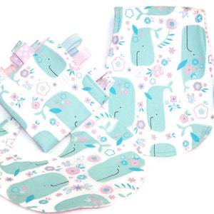 Baby Girl Bib, Burp Cloth and Lovie Baby Gift Set with Whales, Baby Shower Gifts Under 25