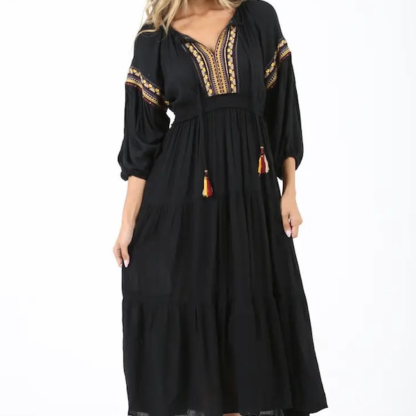 Boho Gypsy Black embroidered Dress by Angie, so cute! Size Large