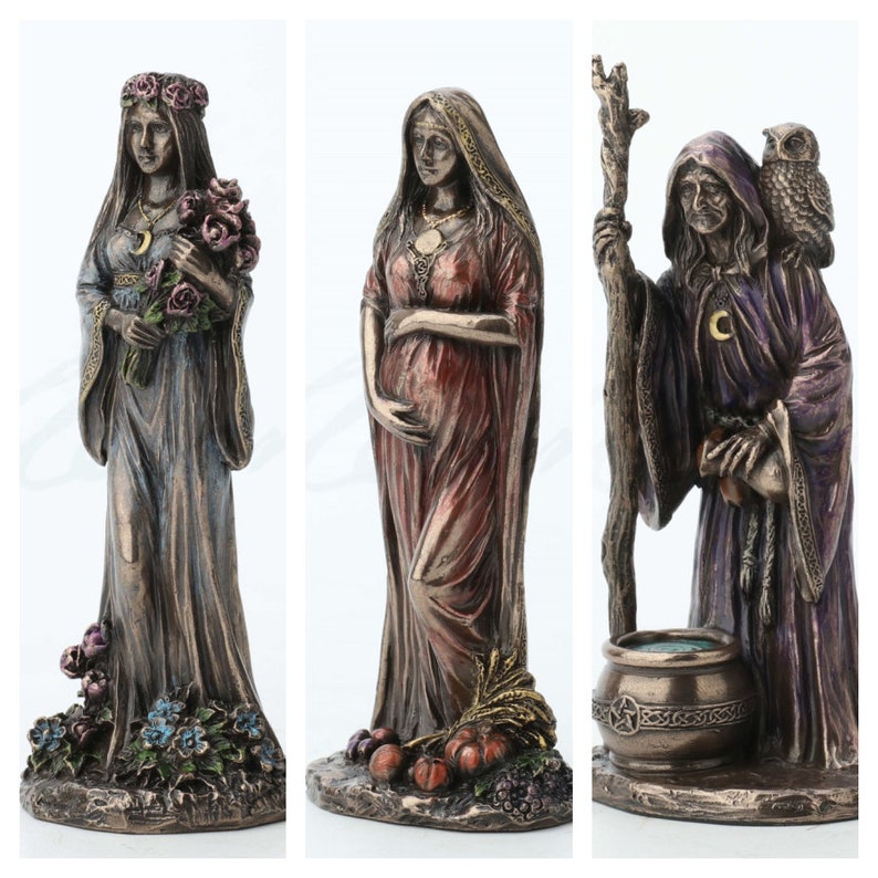 Juego de mini estatuas de diosa triple con acabado de bronce, doncella, madre, anciana, juego de tres imagen 1