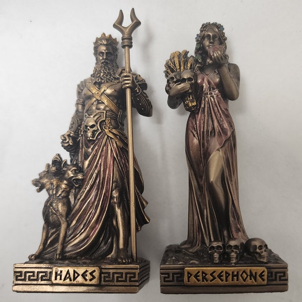 Bronze Finish Persephone Queen of the Underworld and Hades Set of 2 Mini Statue Hand Painted 3 1/2"