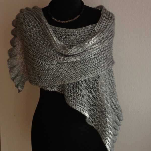 Hand knit Womens Scarf/wrap with ruffled edge extra soft merino wool grey color very impresive Fashion Accessories READY TO SHIP