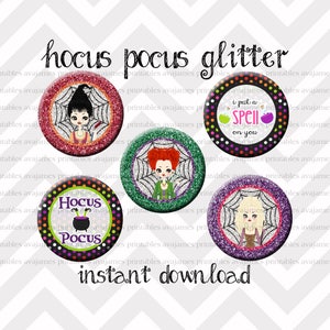 May include: Five round, glitter-covered stickers featuring characters from the movie Hocus Pocus. The stickers feature Winifred, Mary, and Sarah Sanderson, as well as a cauldron and the text "Hocus Pocus".