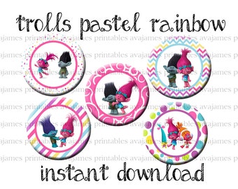 Instant Download - Trolls Pastel Rainbow Bottle Cap Image Sheet