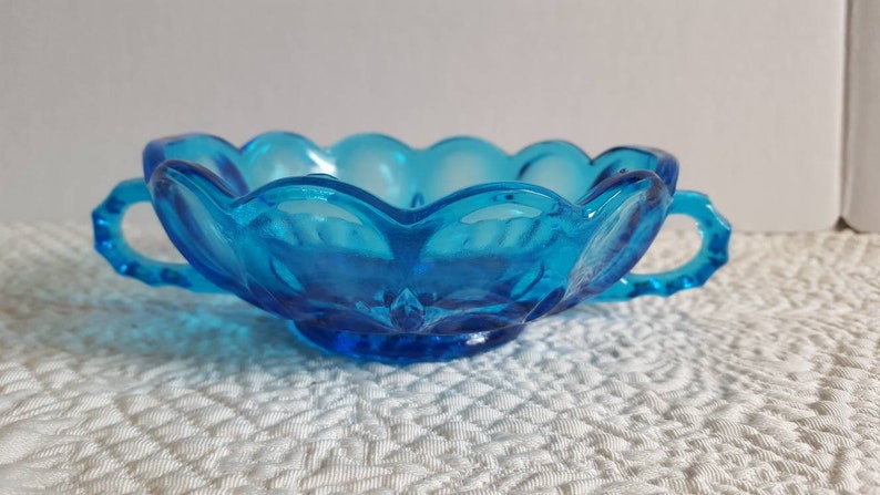 Vintage Hocking Fairfield Blue Glass Nappy Dish with Double Handles