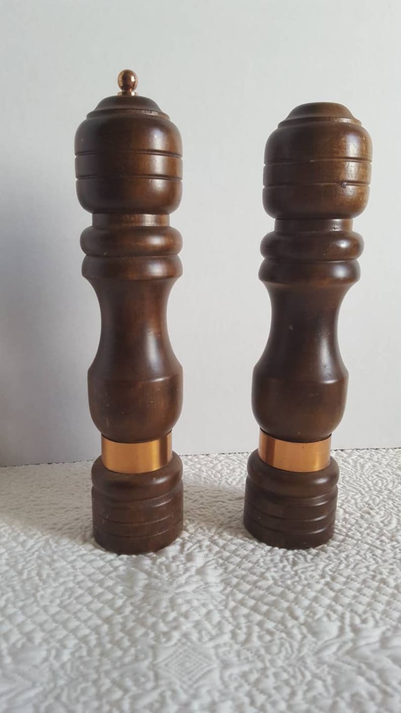 Wood Pepper Mill and Salt Shaker Set with Copper Detail