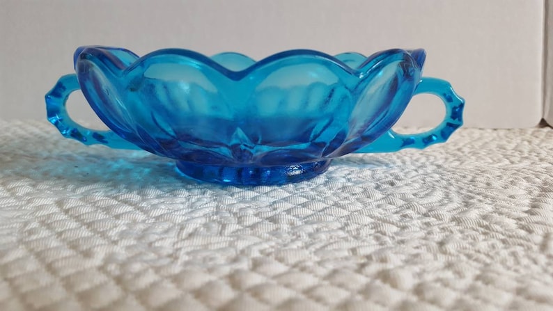 Vintage Hocking Fairfield Blue Glass Nappy Dish with Double Handles
