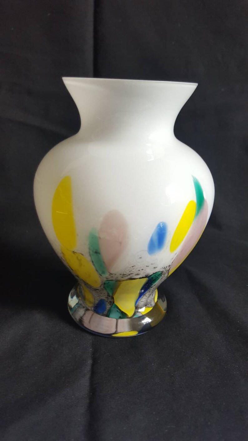 Vintage MAKORA Blown Cased Glass Vase Multi Color on White Made in Poland