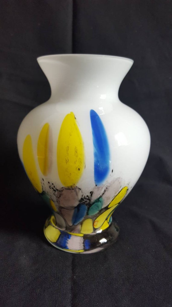 Vintage MAKORA Blown Cased Glass Vase Multi Color on White Made in Poland