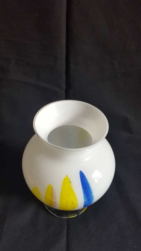 Vintage MAKORA Blown Cased Glass Vase Multi Color on White Made in Poland