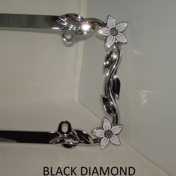 Black & White Diamond Bling Flower Car Metal License Plate Frame Avail in 30 Swarovski Crystal Colors 2058 2088 flatback Xirius Rhinestones