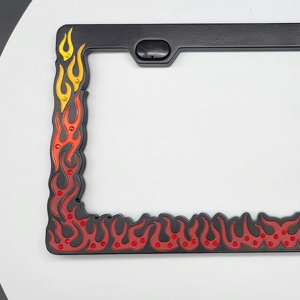 THROWING OFF SPARKS Fiery Flames Sparkly Bling Black Car License Plate Frame Bright Crystal Fire Rhinestones Auto Truck Suv Van Rig Trailer