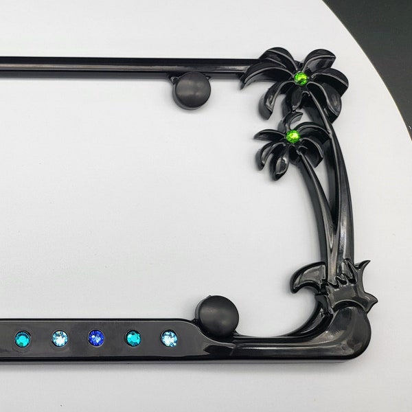 Made with Swarovski Bling Palm Tree Bling Black Car License Plate Frame Metal Crystal w Bolt Caps Ocean Hawaii California Florida Caribbean