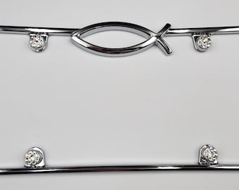 Crystal Jesus Christian Faith Ichthus Fish Car Chrome Metal License Plate Frame w Bling Swarovski Bolt Caps for Auto Truck SUV The Chosen