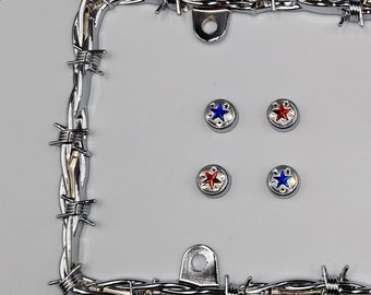 USA Flag Stars Barbed Wire Car License Plate Frame Chrome Metal Chrome Bolt Caps or Star Crystal Bling Bolt Caps Patriotic Military Veteran