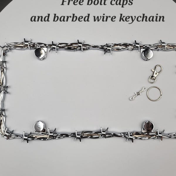 HEAVY Metal Barbed Wire Chrome Car / Truck License Plate Frame with Free Bolt Caps & Key Charm, optional crystal bling