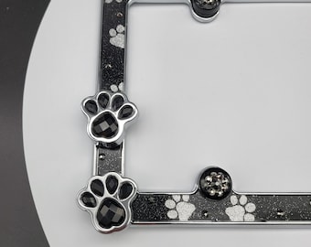PET PAW PRINTS Bling Metal Car License Plate Frame w Crystal Rhinestones Car Wash Safe Dog Cat Animal Many Options Giant Paws Super Adorable